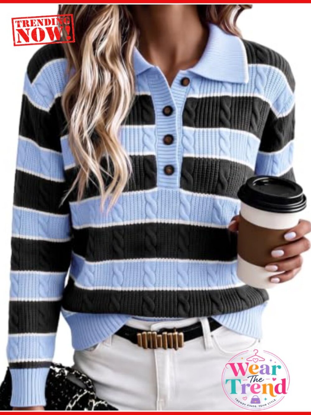 Fisoew Womens Cable Knit Sweater Polo V Neck Striped Pullover Long Sleeve Loose